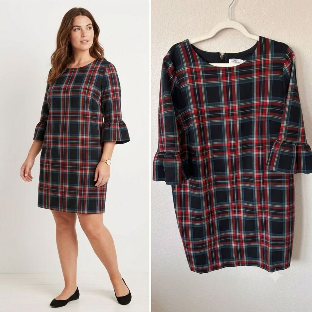 Vineyard Vines Jolly Plaid Greenwich Ruffle Sleeve Shift Dress Black Red Size 14